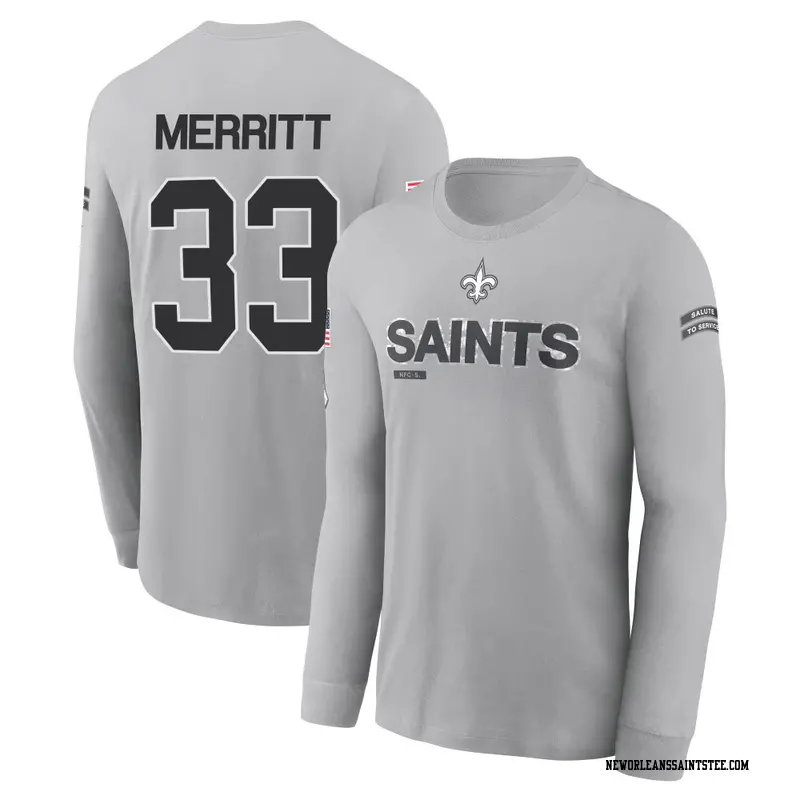 Men's New Orleans Saints ＃33 Kirk Merritt Gray 2024 Salute to Service Long Sleeve T-Shirt
