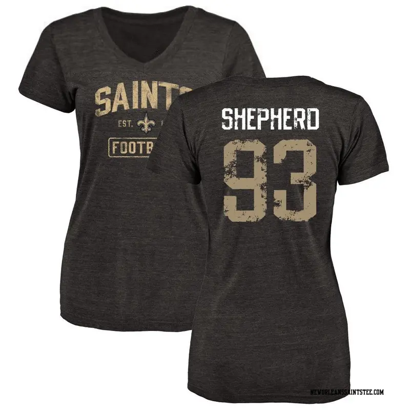 Women's New Orleans Saints ＃93 Nathan Shepherd Black Distressed Name & Number V-Neck T-Shirt